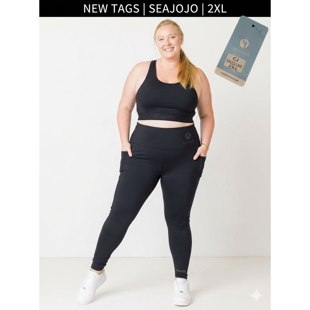 SEAJOJO Womens 2XL Black High Waisted Active Leggings Pockets YJK21113HS NWT